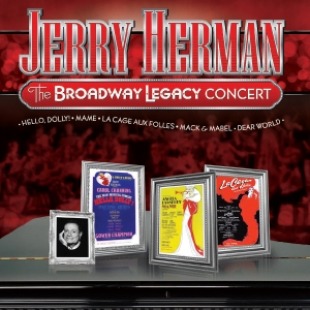 Picture of an auditorium with "JERRY HERMAN" in red above photos of broadway artwork
