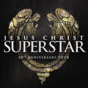 Image with Jesus Christ Superstar written in the middle. Background has a pair of angel like wings that look like stone
