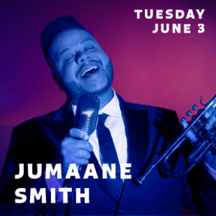 Man with a blue tint holding a microphone in front of a purple background with the words "Jumaane Smith" and "Thursday June 3" 
