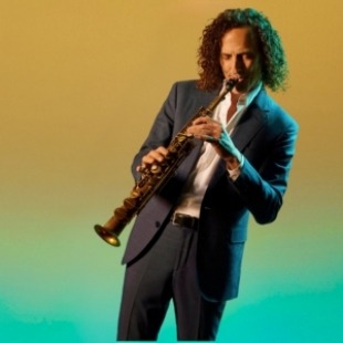 a curly haired man plays a woodwind instrument against a yellow and green gradient background