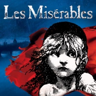 Image that says Les Miserables on the top and a image of a girl from the shoulders up staring into the disbands with a red and blue background.