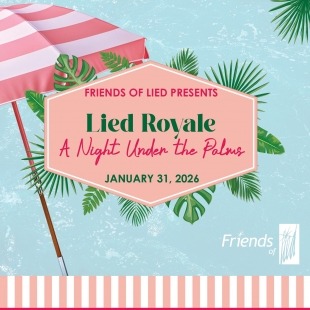 Beachy blue background with the title "Lied Royale" and a pink striped umbrella with palm leaves
