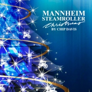 Image with Mannheim Steamroller CHRISTMAS BY CHIP DAVIS on the right with a blue Christmas tree with lights on the left.