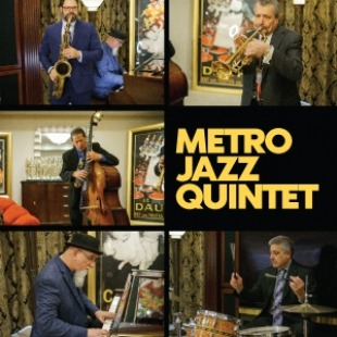 Split into 6 squares with five men in five of the squares playing different jazz instruments and on square that says Metro Jazz Quintet. 