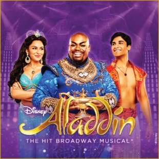 Woman with dark hair, teal top and bottom, with her arms crossed to the left. Man with no hair wearing a detailed blue outfit holding a genie lamp in his hands in the middle. Man with dark hair wearing a red vest looking towards the other man on the right. All are standing in front of a purple background.