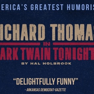 a blue background with text about a Mark Twain one man play