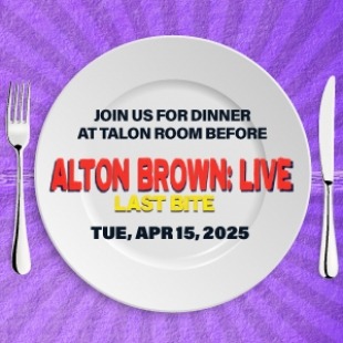 Image of a white plate with a knife and fork and "ALTON BROWN: LIVE in the center in red