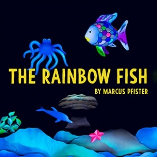 Image with The Rainbow Fish text across the middle in yellow. Black background with blue rocks at the bottom. One multi colored fish swimming above the words. Alongside the fish is a blue octopus. 