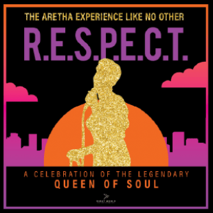 Graphic of gold outline of woman singing with microphone. Orange half circle behind her and a city highline with clouds in pink and purple. Title states "The Aretha Experience Like No Other, R.E.S.P.E.C.T., A celebration of the legendary queen of soul."