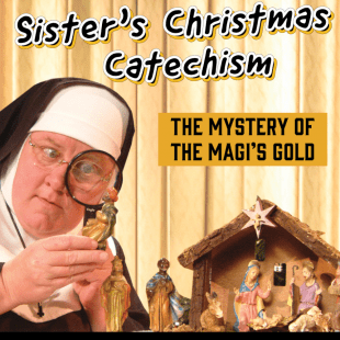 a nun looking through a magnified glass at a nativity scene