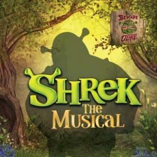 Image that says Shrek The Musical with an outline of an oar behind the words with trees on the sides.