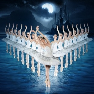 ballerinas depicted in a V formation in white tutus on a nighttime water background