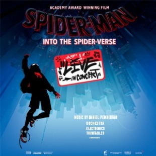 Image with Spiderman written across the top. Including an outline of a man on the side and a name tag in the middle saying "live in concert". All behind a blue background. 