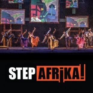 Severl people dancing on stage in bright colors balancing on one foot. Step Afrika! text is shown at the bottom of the photot