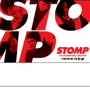 Big letters that spell "STOMP" across page. Inside each letter, there are pictures of people making exaggerated facial expressions. Each photo has a red filter on top. In the right bottom corner it says "STOMP The International Sensation, STOMPONLINE.COM" With a facebook and twitter logo.