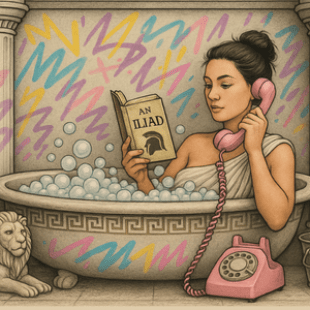 Woman on the phone reading book in bathtub