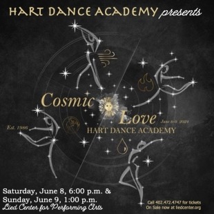 A black background with astrological signs and gold words that say "Hart Dance Academy presents Cosmic Love"