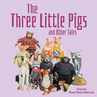 the text THREE LITTLE PIGS with animal puppets