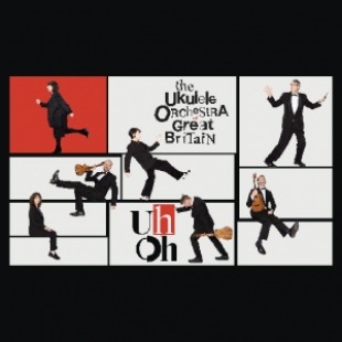 Image shows many square segments with people in suits standing in different poses holding ukuleles