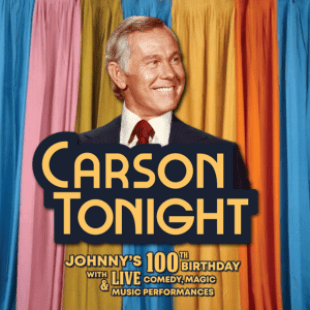 Image of a man and the text "Carson Tonight" in front of blue, pink, gold, and orange curtains