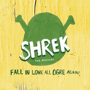 Image that says Shrek The Musical with an outline of an ogre head behind the words in front of a yellow background that says "Fall in love all ogre again" in green.