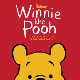 Yellow bear peaks the top of his head from the bottom of the image. He has black eyebrows, nose, and eyes. Above him there are the words "A new adventure is about to happen, Disney Winnie the Pooh, The new musical stage adaptation, Created by Jonathon Rockefeller." In the colors yellow and white. The background of the image is red.