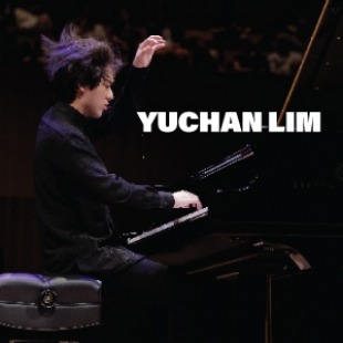 Man playing the piano with left arm lifted in the air and text Yuchan Lim on the right side