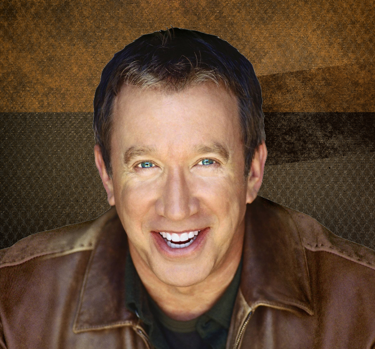 Head shot of Tim Allen wearing a brown leather jacket and smiling at the camera with a brown background