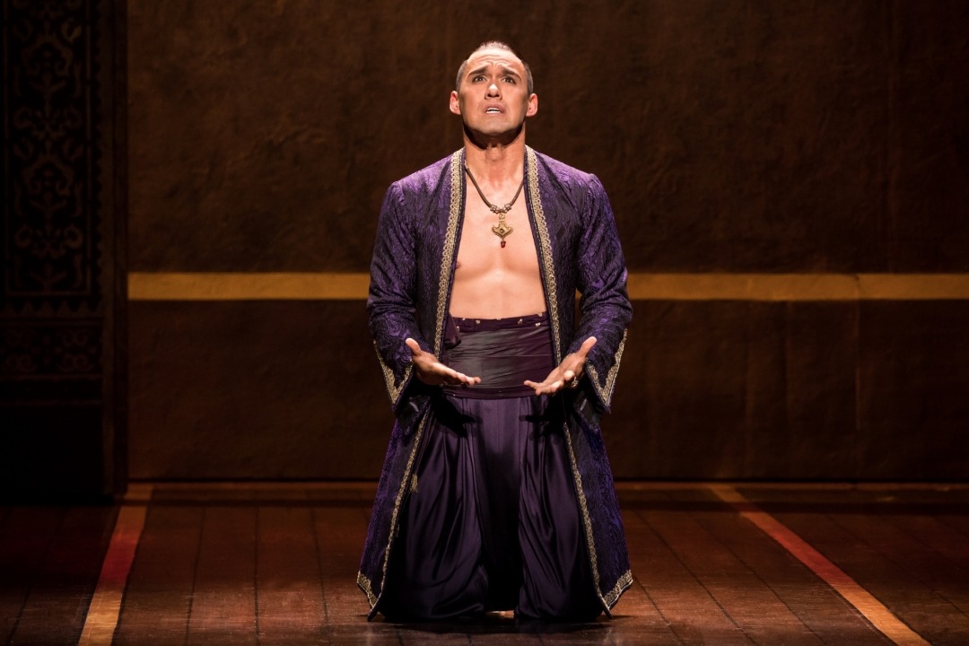 Man in dark purple singing with a brown background.