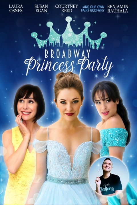 Courtney Reed, Laura Osnes, and Susan Egan in princess dresses in front of a blue background with Ben in a bubble in front of them
