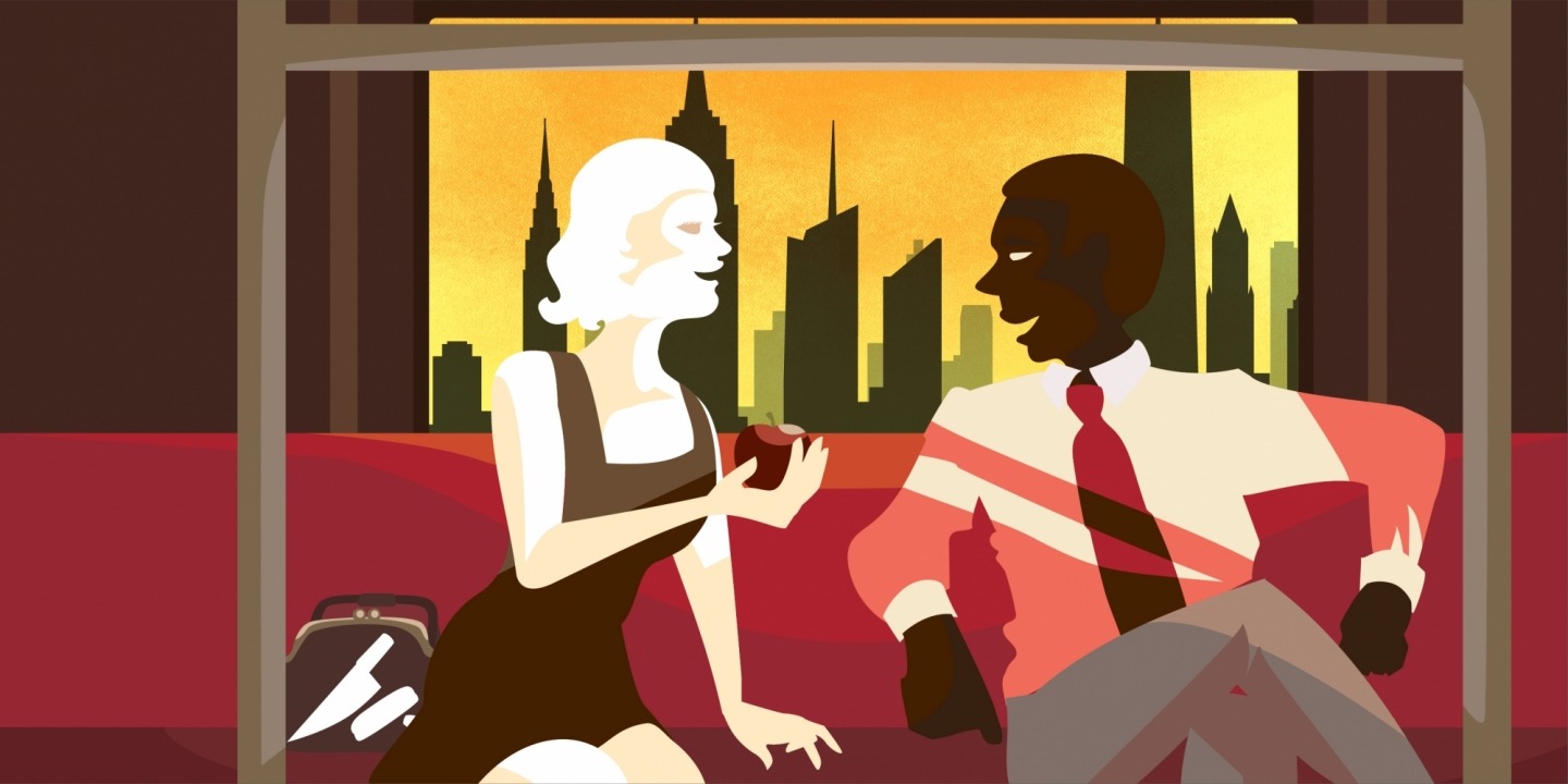 Cartoon image of a woman and a man sitting and talking on a train with a city skyline behind them
