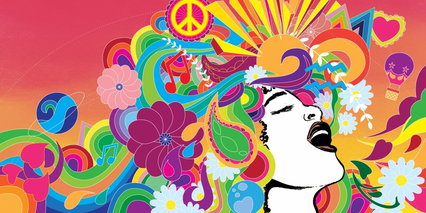 Cartoon image of a woman with psychedelic and colorful swirls and images coming out of her head as if it is her hair