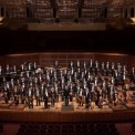 Image of the entire orchestra standing and smiling at the camera