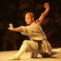 A man performing martial arts in ancient Chinese costume