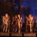 8 dancers in red and green beaded costume dancing in front of a desert background.