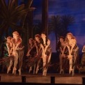 8 dancers in red and green beaded costume dancing in front of a desert background.