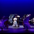 A man and woman in traditional Mexican costume perform a dance with a lasso in a spotlight as other couples dance around them