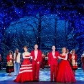 Men and women standing in couples dressed in red in front of a snowy forest background