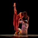 Man sitting on the ground with a girl pressing both hands on his shoulders with her leg in the air.