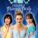 Courtney Reed, Laura Osnes, and Susan Egan in princess dresses in front of a blue background with Ben in a bubble in front of them