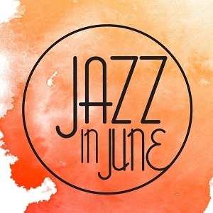 Jazz in June logo in a circle with a orange water color background