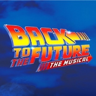 Back to the Future in red and yellow in front of a blue background