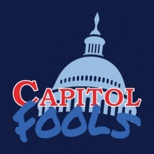Red and blue words "Captiol Fools" in front of a dark background