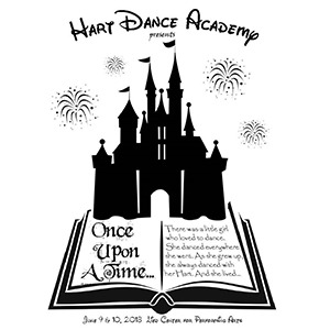 Picture of Hart Dance Academy written in Disney like font with a black castle sitting on top of an open book that reads Once Upon a time. Black fireworks going off in the distance.