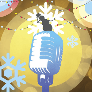 Silhouette of a snowman dancing on a microphone with a background of christmas lights and snowflakes