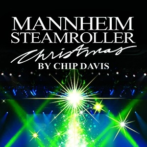 Mannheim steamroller Christmas logo above an image of green and blue stage lights.