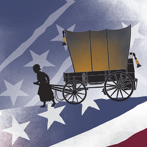 Silhouette of a woman pulling a horse carriage over a background of the american flag.