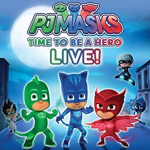 Image of the three animated heroes of PJ Masks wearing green, blue, and red costumes and the logo with text which reads "PJ Masks Time to Be a Hero LIVE!"