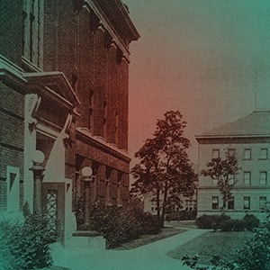 An old black and white photo of Brace Lab and the Furgeson Building from the University of Nebraska campus