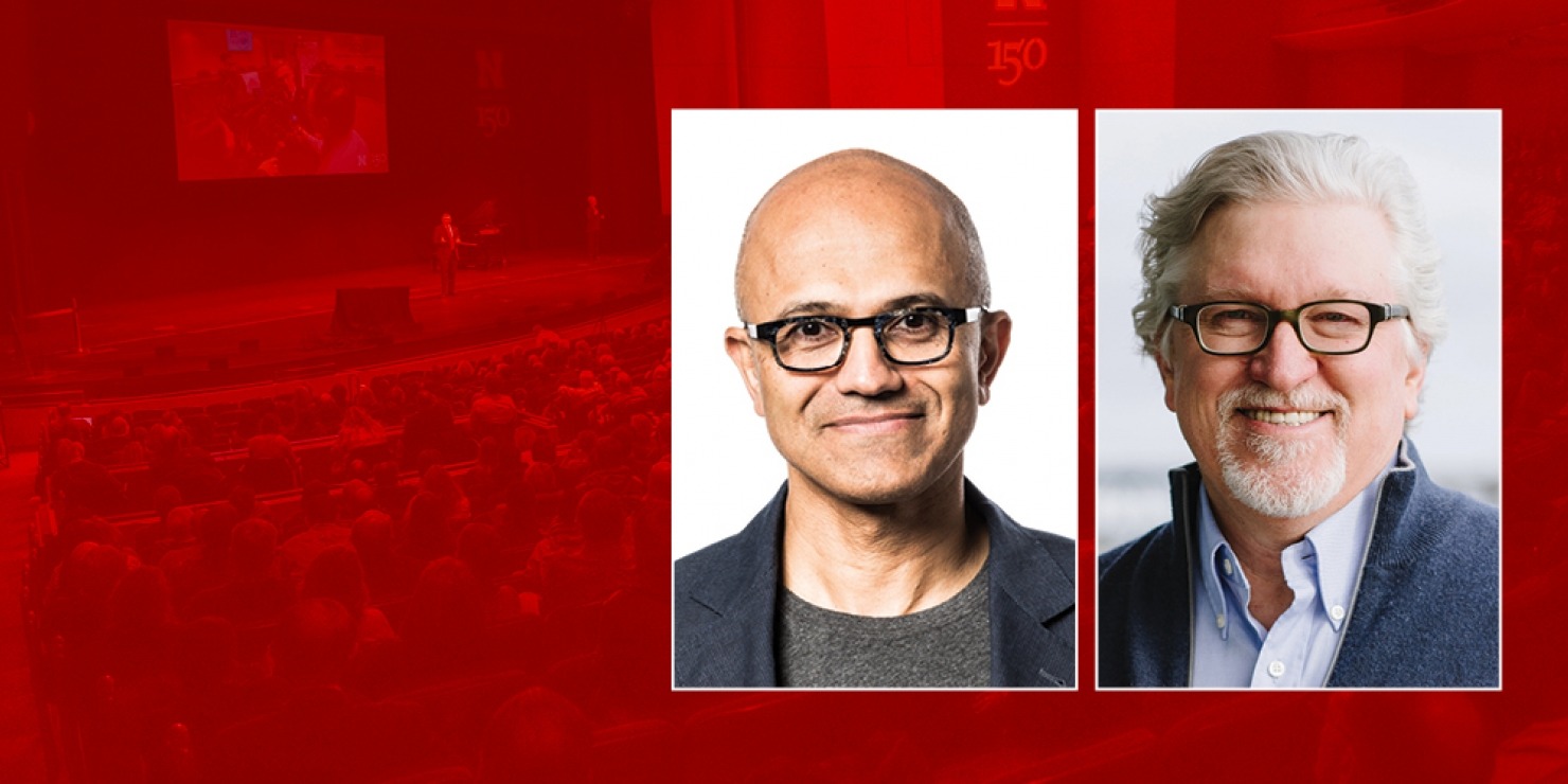 Two head shots of men in glasses in front of a white background. Both photos are in front of a red background.
